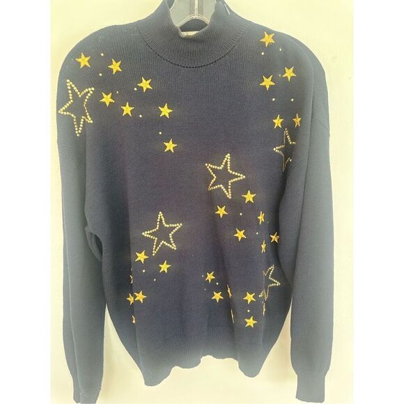 St. John Separates Womens Mock Neck Embroidered Gold Star Knit Sweater Size S - Picture 1 of 9